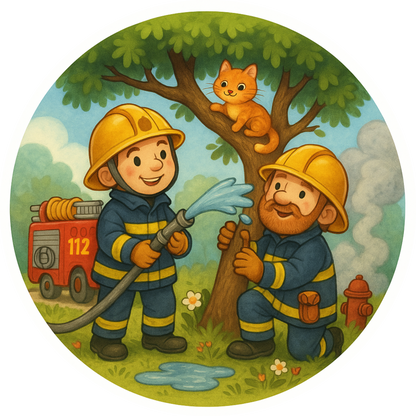 Zwei Feuerwehrmänner retten eine Katze vom Baum im Kinderbuch Stil
