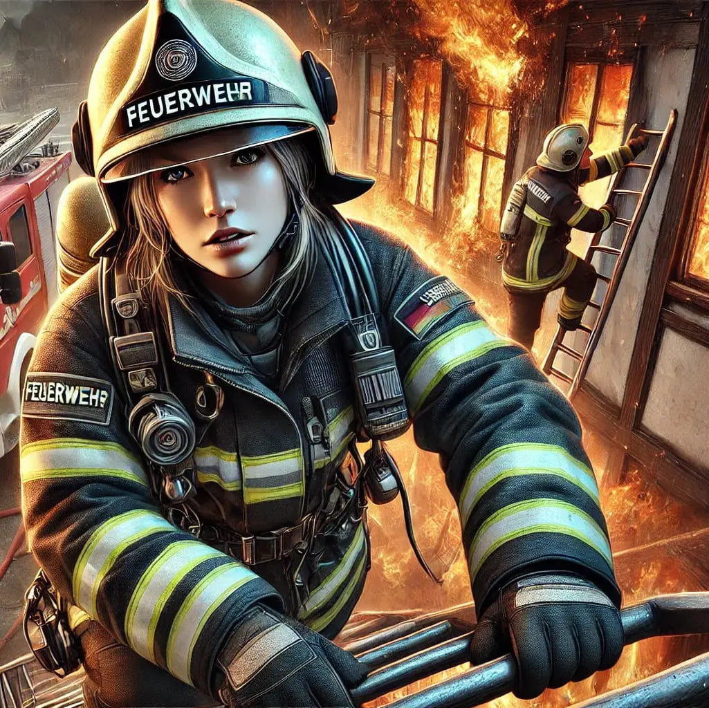 Feuerwehrfrau in voller Ausrüstung auf einer Leiter vor einem brennenden Gebäude – kraftvolles Einsatzbild mit Feuerwehrautos im Hintergrund.