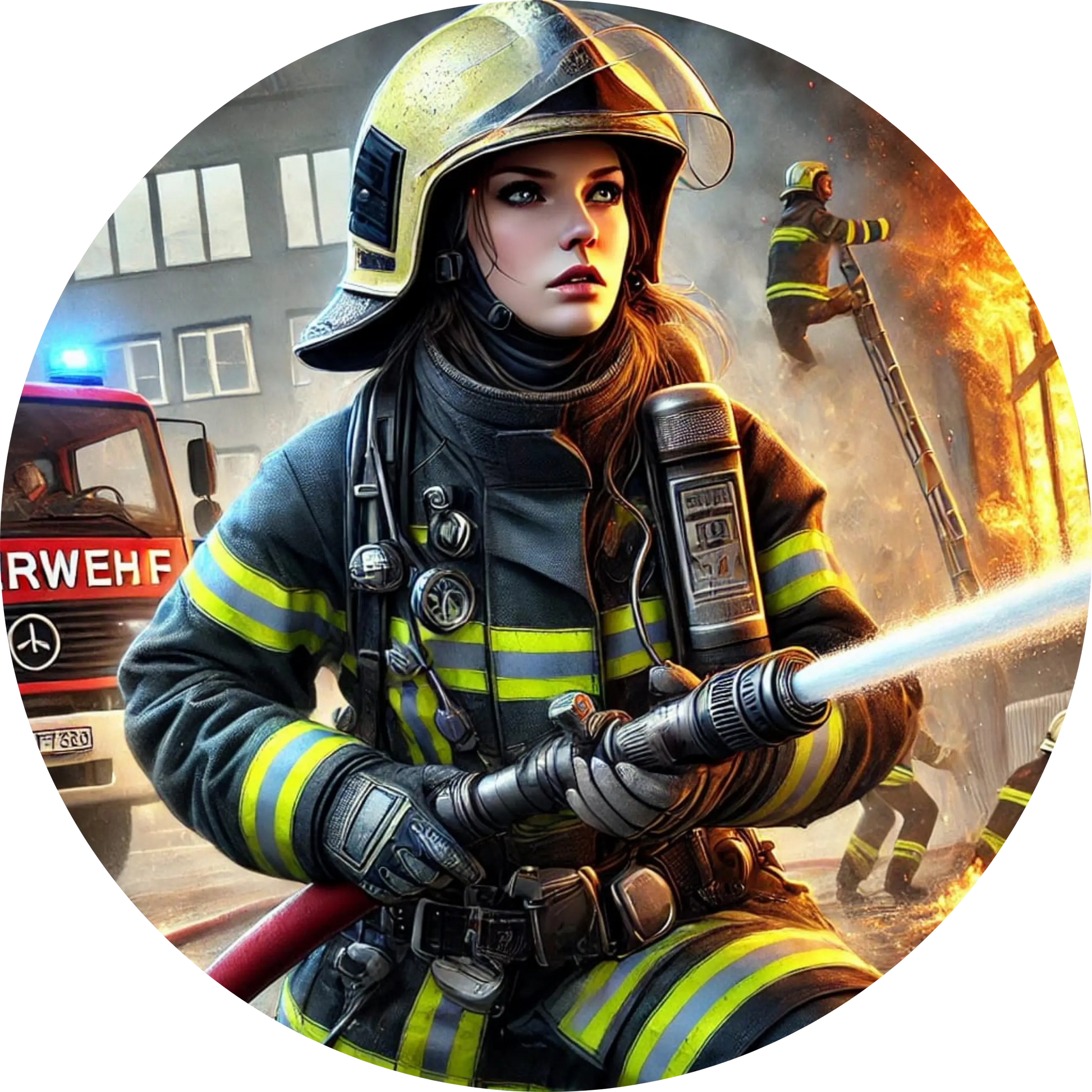 Feuerwehrfrau mit Helm und Schlauch bei einem nächtlichen Einsatz