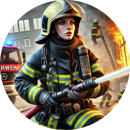 Feuerwehrfrau mit Helm und Schlauch bei einem nächtlichen Einsatz