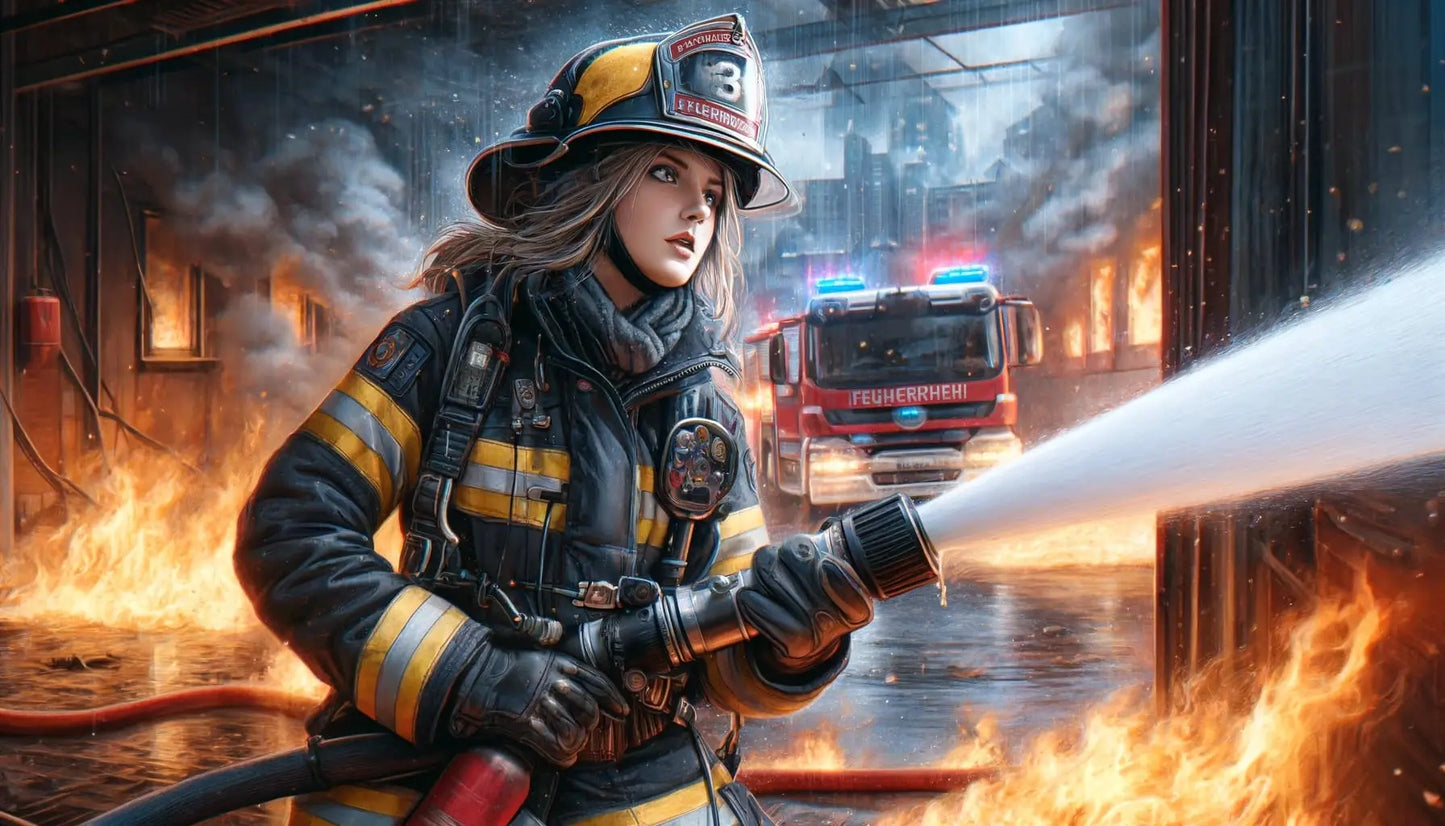 Feuerwehrfrau löscht ein Feuer in einem brennenden Gebäude, Feuerwehrauto mit Blaulicht im Hintergrund – starke Action-Szene.