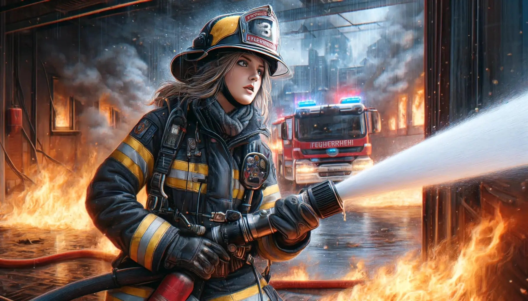 Feuerwehrfrau löscht ein Feuer in einem brennenden Gebäude, Feuerwehrauto mit Blaulicht im Hintergrund – starke Action-Szene.