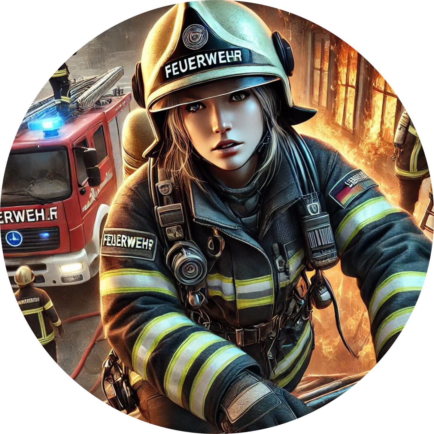 Feuerwehrfrau mit Helm und Schlauch bei einem nächtlichen Einsatz