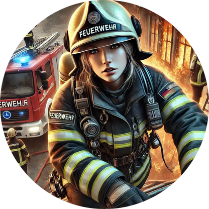 Feuerwehrfrau mit Helm und Schlauch bei einem nächtlichen Einsatz