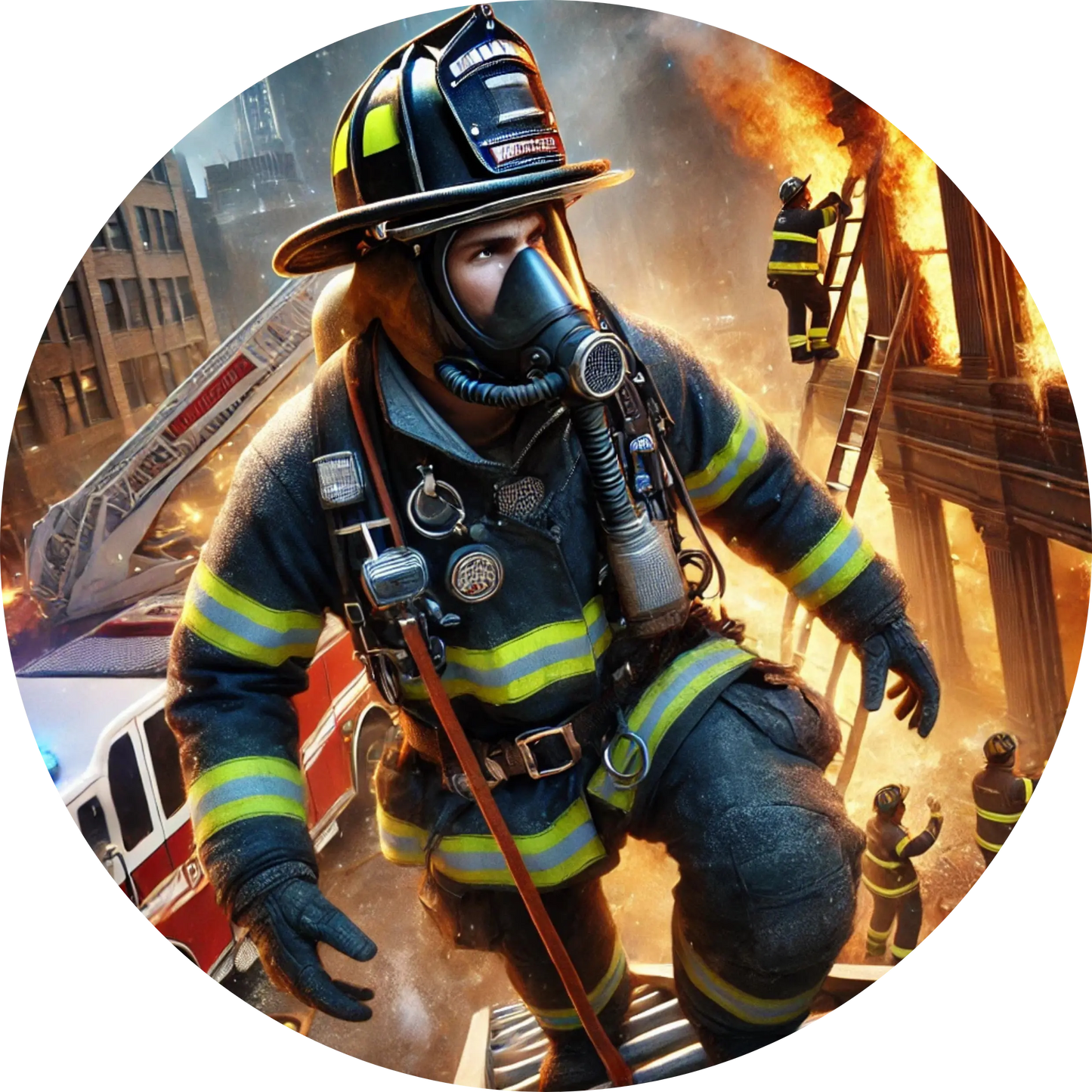 Feuerwehrmann in Aktion mit Atemschutzgerät vor brennendem Gebäude