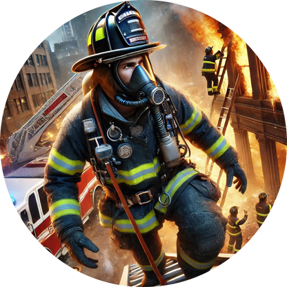 Feuerwehrmann in Aktion mit Atemschutzgerät vor brennendem Gebäude