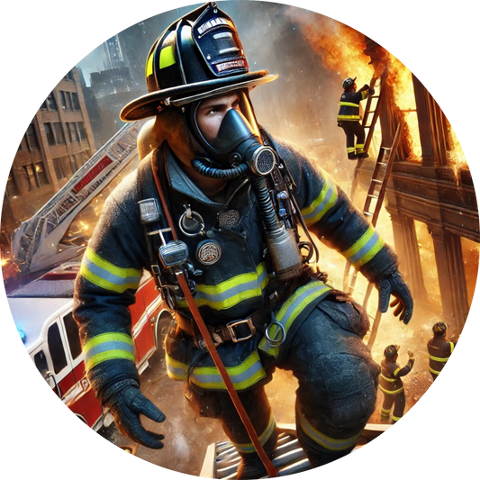 Feuerwehrmann in Aktion mit Atemschutzgerät vor brennendem Gebäude