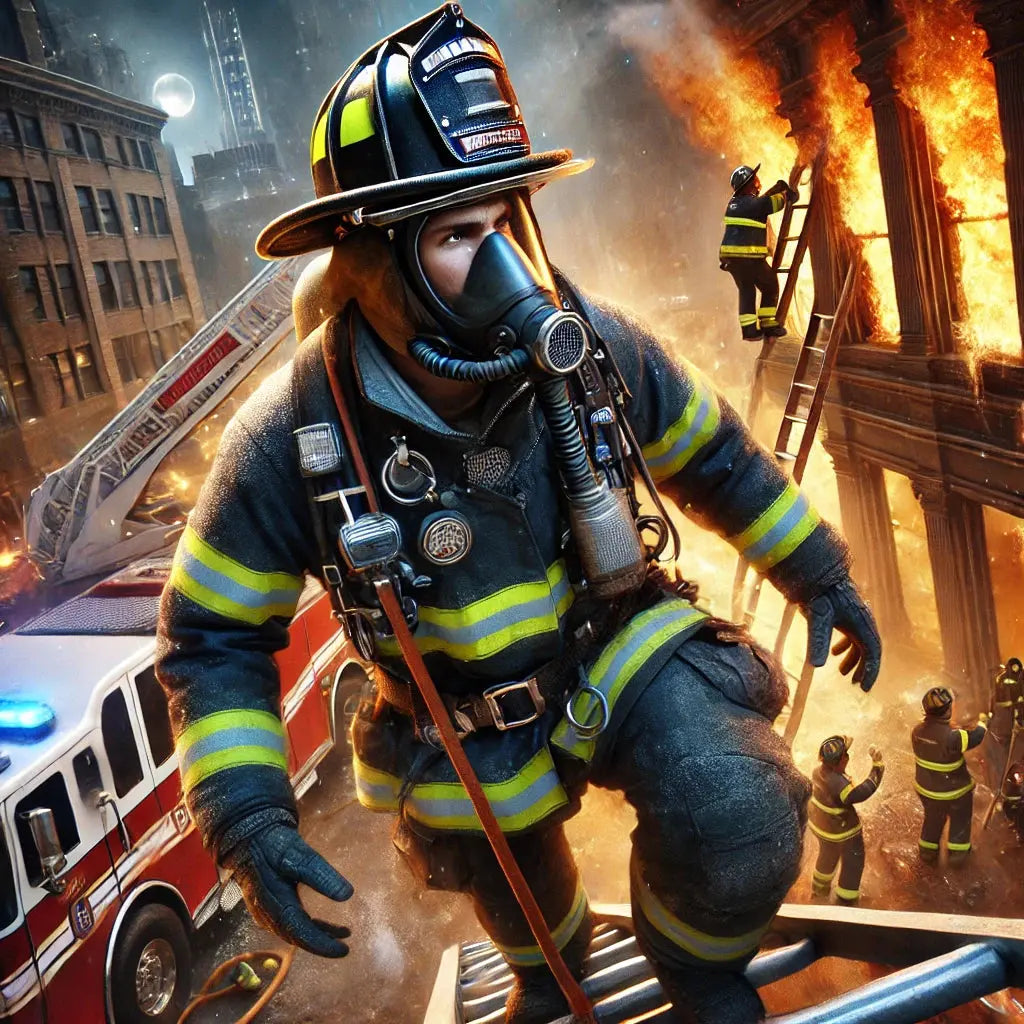 Feuerwehrmann mit Gasmaske auf einer Leiter vor brennendem Haus – nächtlicher Rettungseinsatz mit Löschfahrzeugen.