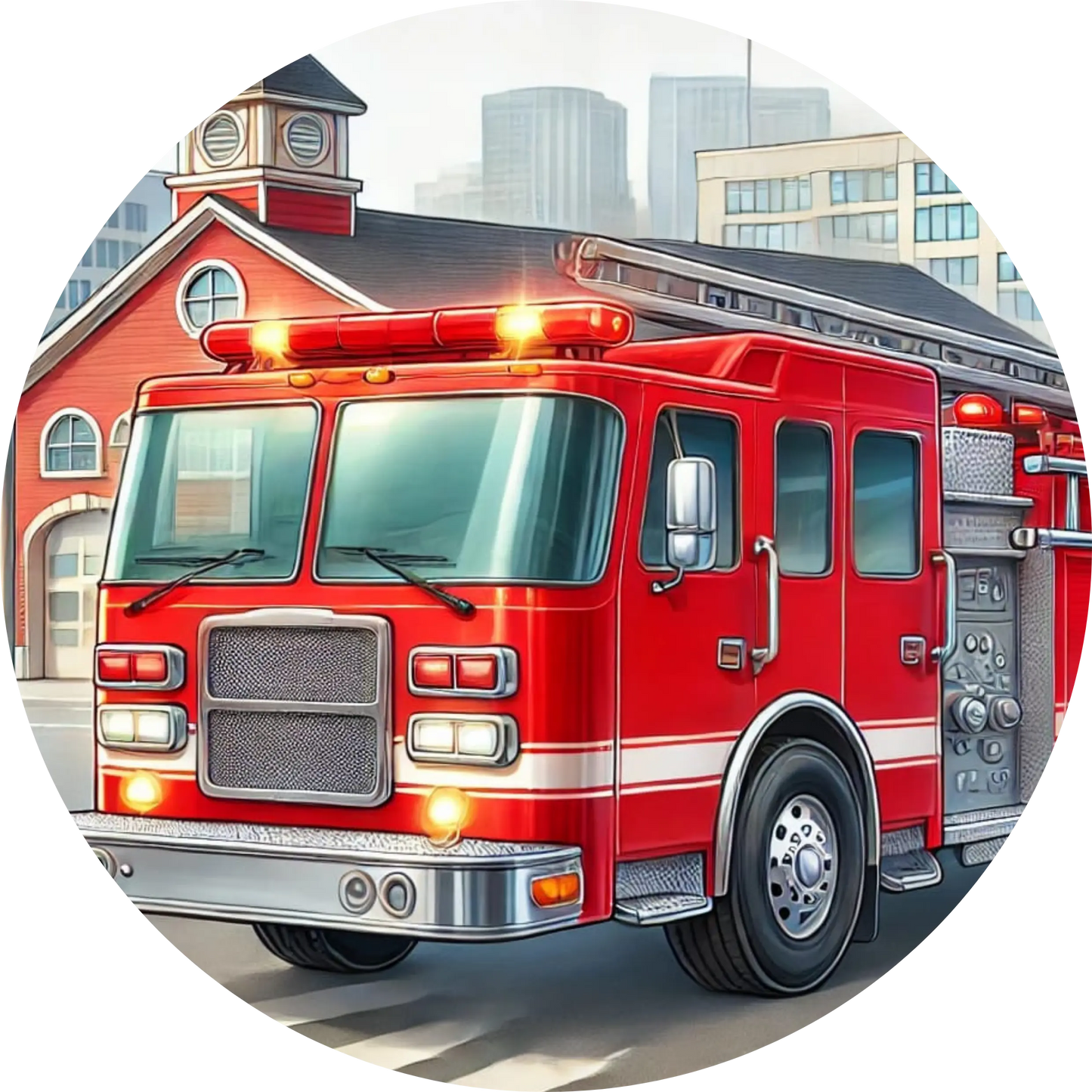 Feuerwehrwagen in Aktion mit Großstadtkulisse im Hintergrund.