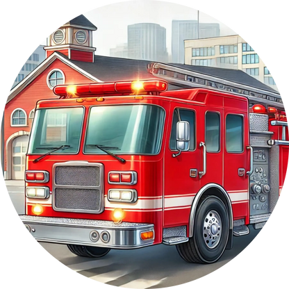 Feuerwehrwagen in Aktion mit Großstadtkulisse im Hintergrund.