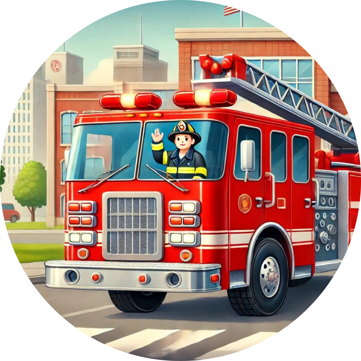 Klassischer Feuerwehrwagen mit Feuerwehrmann auf dem Sitz.