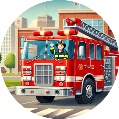 Klassischer Feuerwehrwagen mit Feuerwehrmann auf dem Sitz.