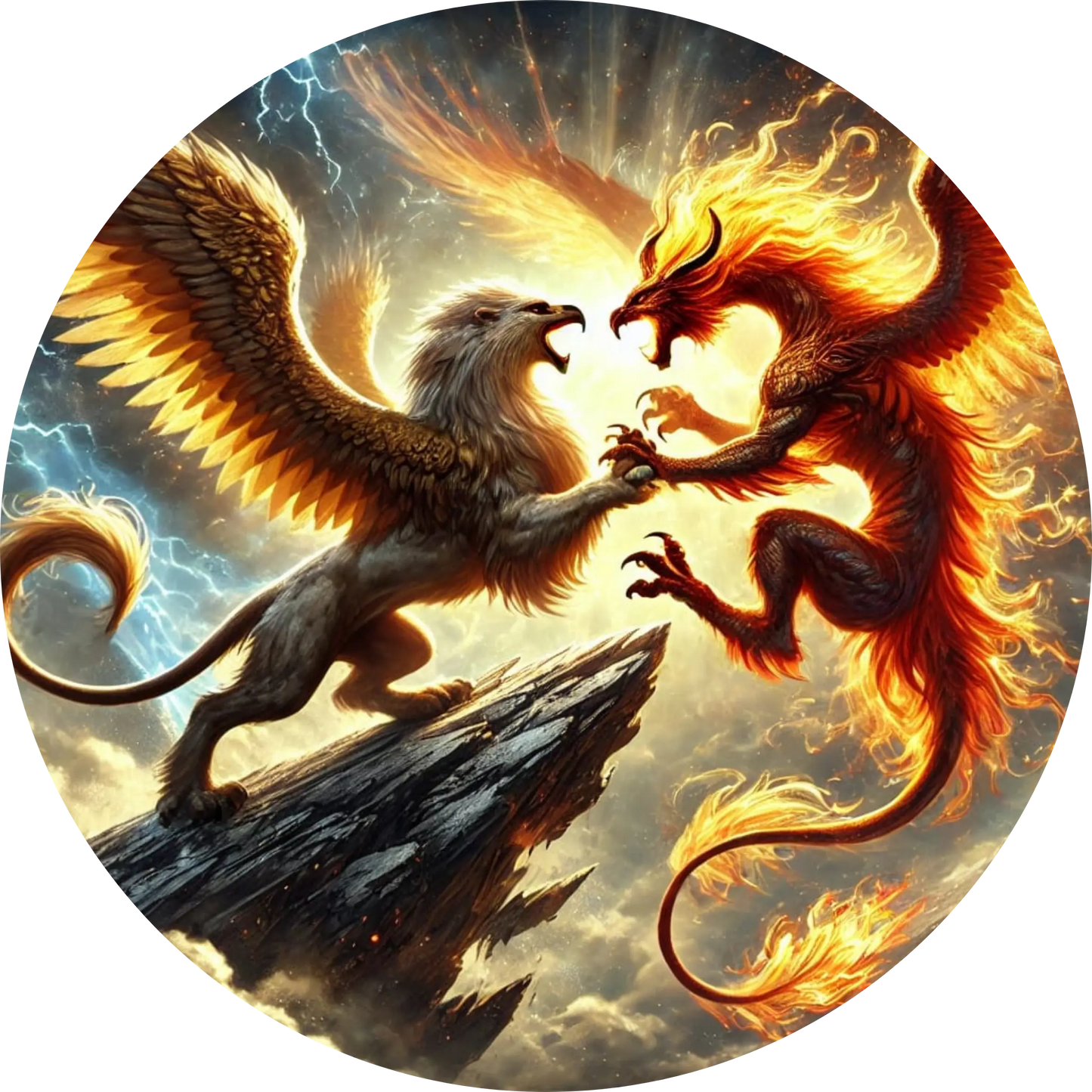 Phönix und Greif im feurigen Kampf über Vulkanlandschaft