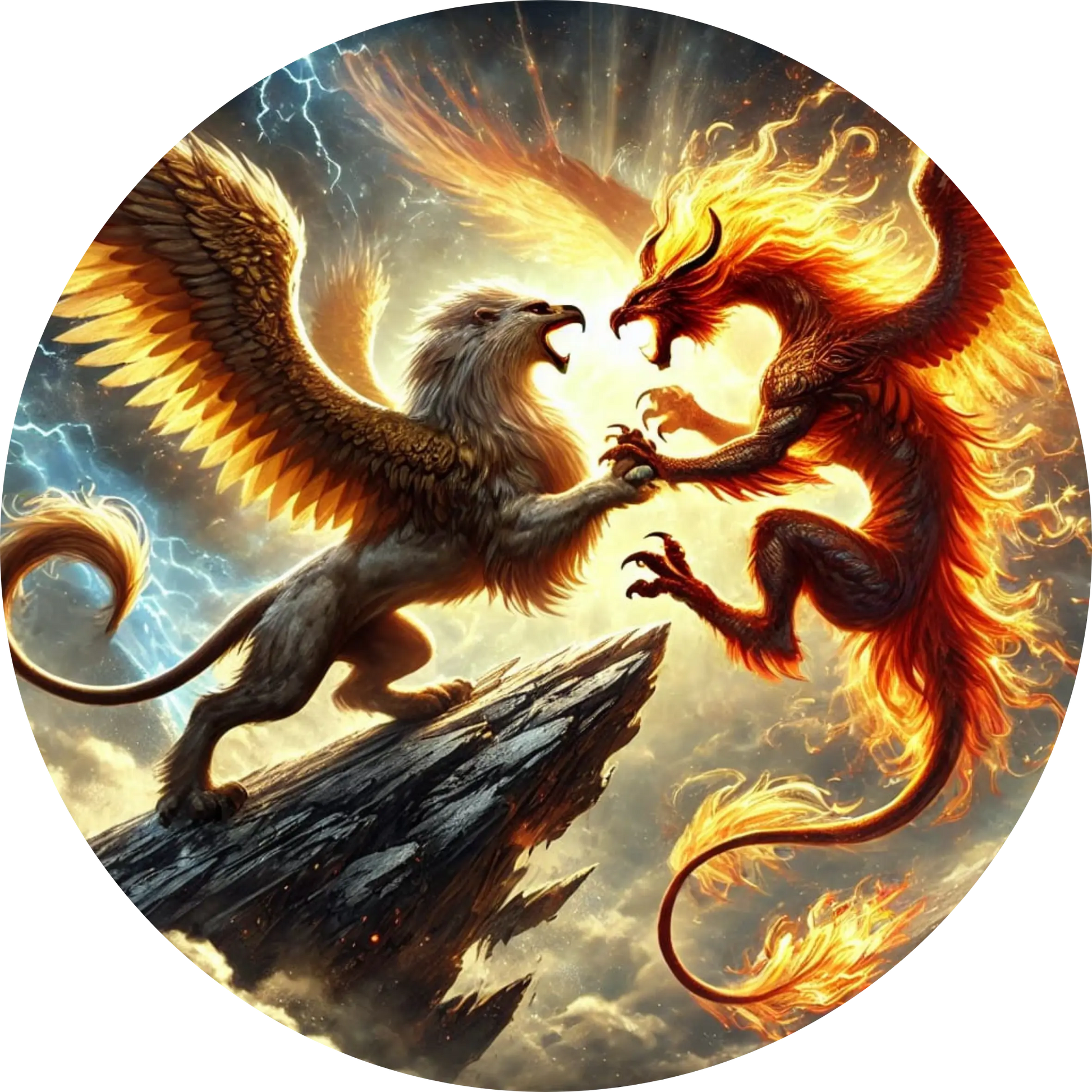 Phönix und Greif im feurigen Kampf über Vulkanlandschaft