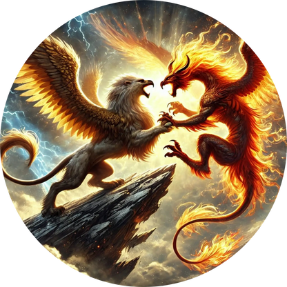 Phönix und Greif im feurigen Kampf über Vulkanlandschaft