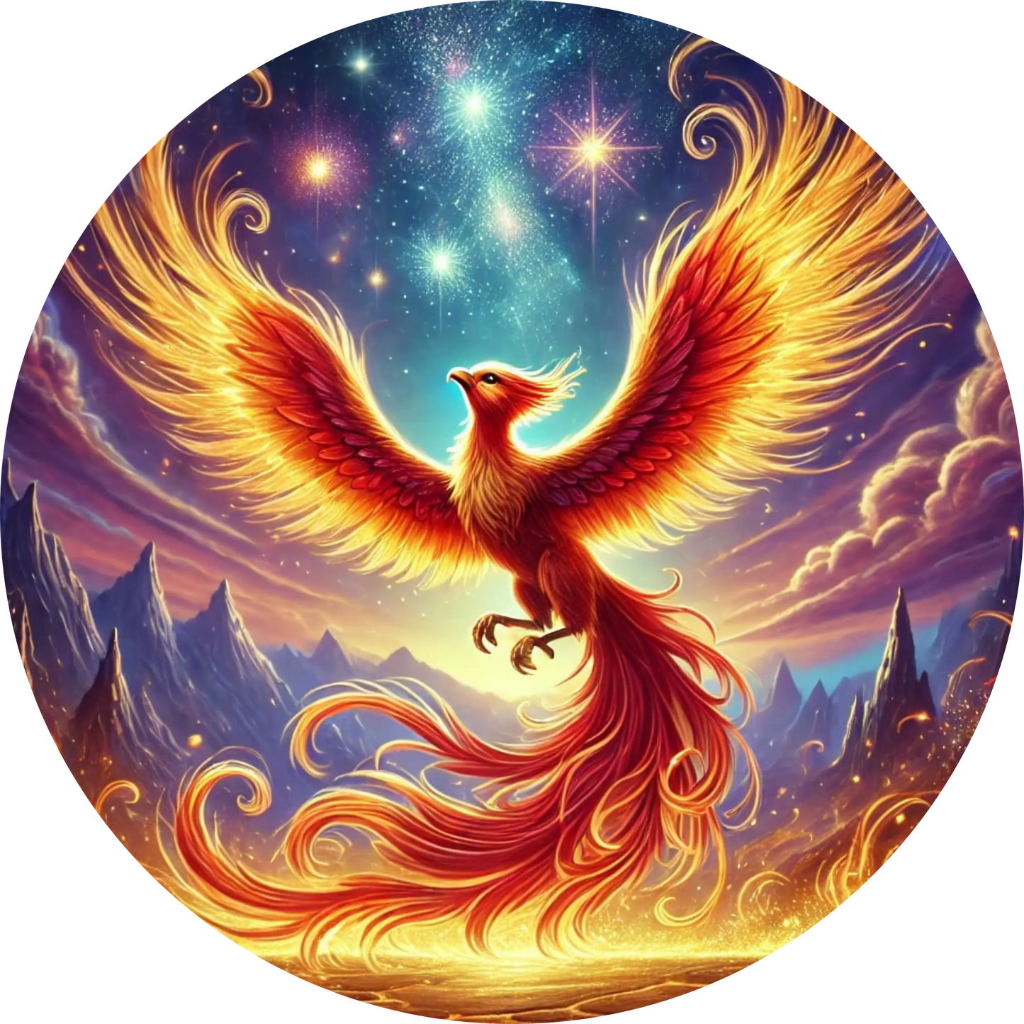 Feuriger Phönix mit ausgebreiteten Flügeln vor glühendem Himmel
