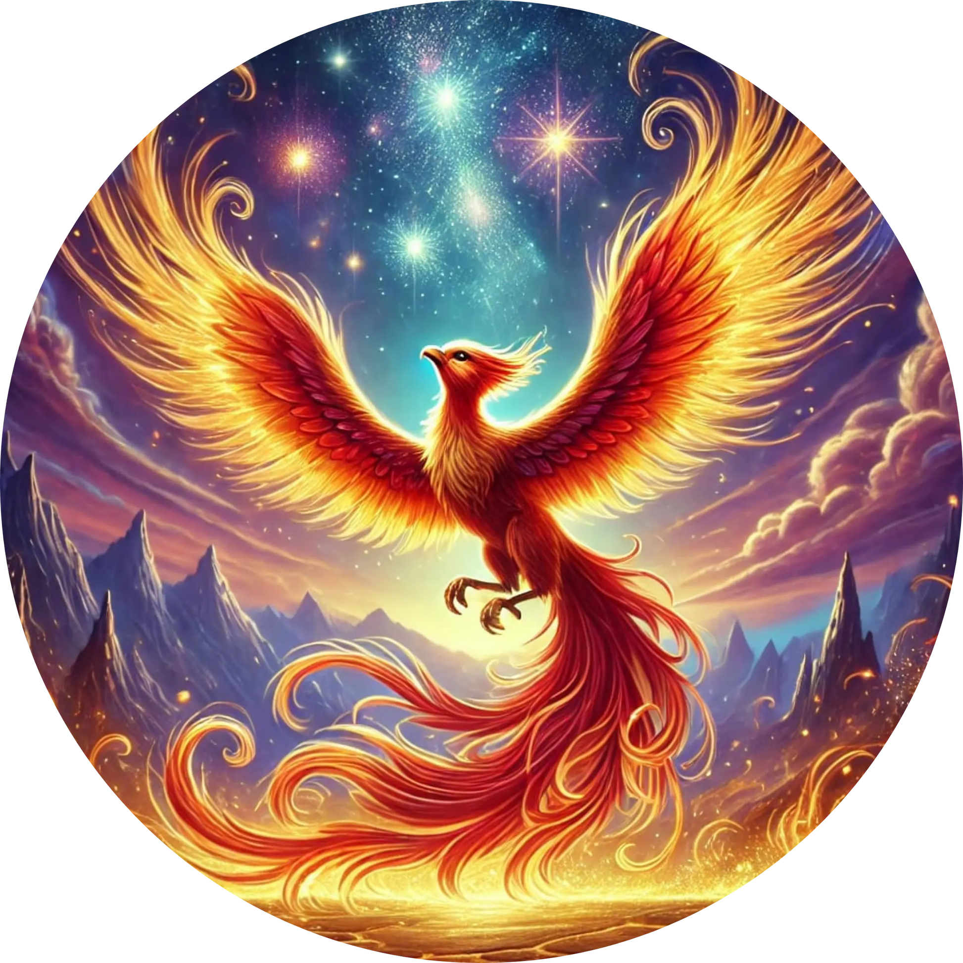 Feuriger Phönix mit ausgebreiteten Flügeln vor glühendem Himmel
