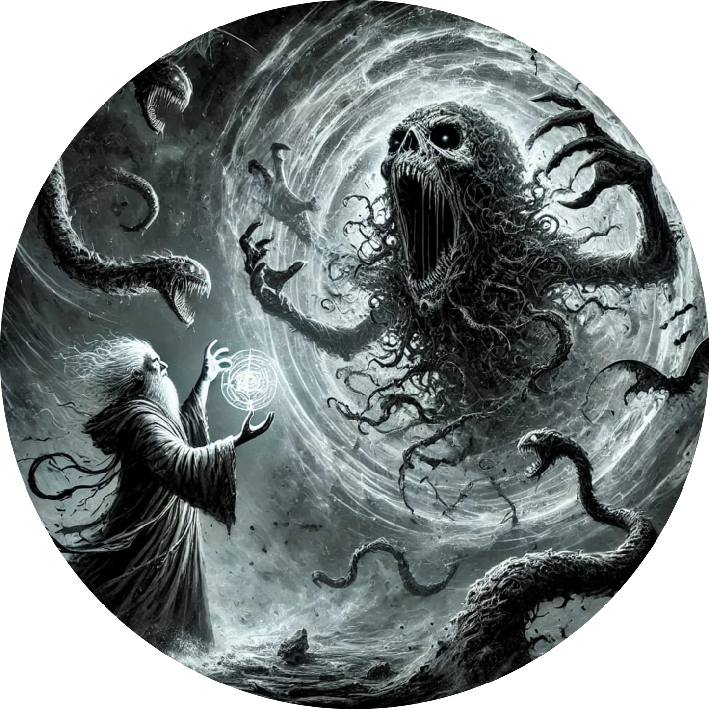 Großer schwarzer Oktopus mit gesichtslosen Augen auf nebligem Hintergrund