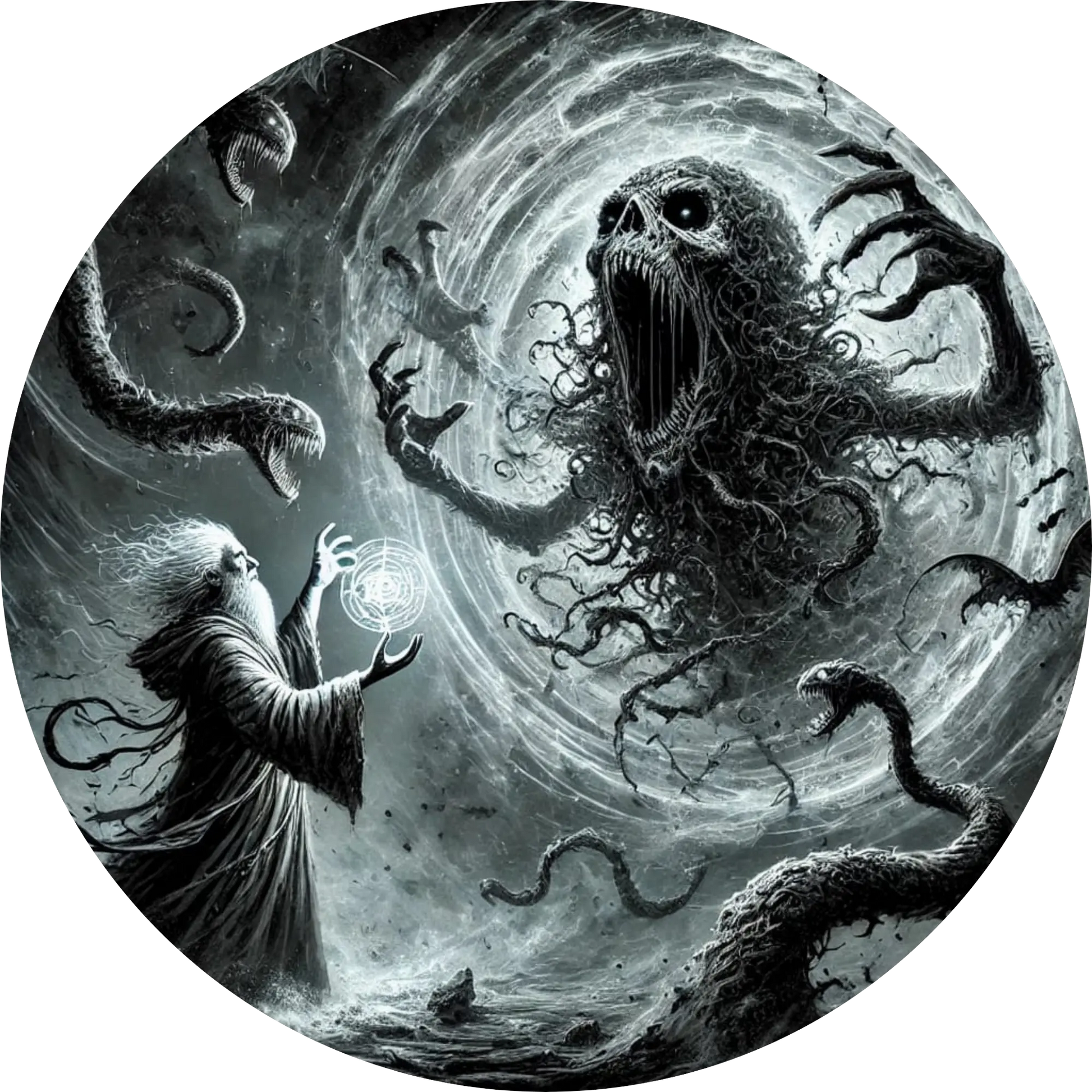 Großer schwarzer Oktopus mit gesichtslosen Augen auf nebligem Hintergrund