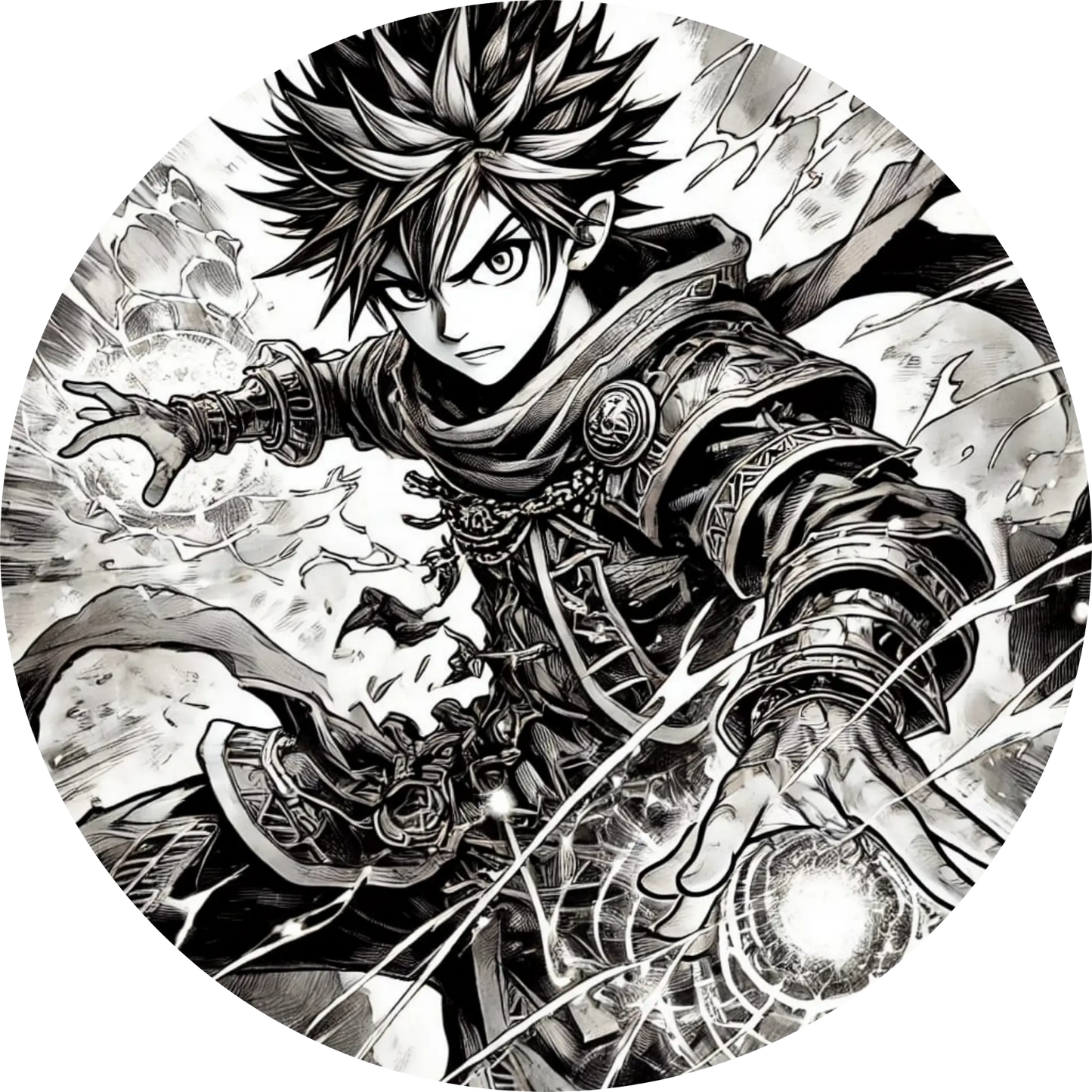 Manga-Kämpfer mit stacheligem Haar in Schwarz-Weiß, bereit zum Angriff
