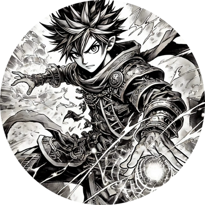 Manga-Kämpfer mit stacheligem Haar in Schwarz-Weiß, bereit zum Angriff
