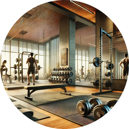 Fitnessstudio mit modernen Geräten in realistischer Perspektive, motivierende Trainingsszene.