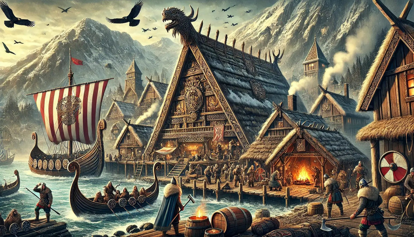 Wikingerdorf mit Drachenbooten am Fjord – friedliche Alltagsszene mit warmem Licht.