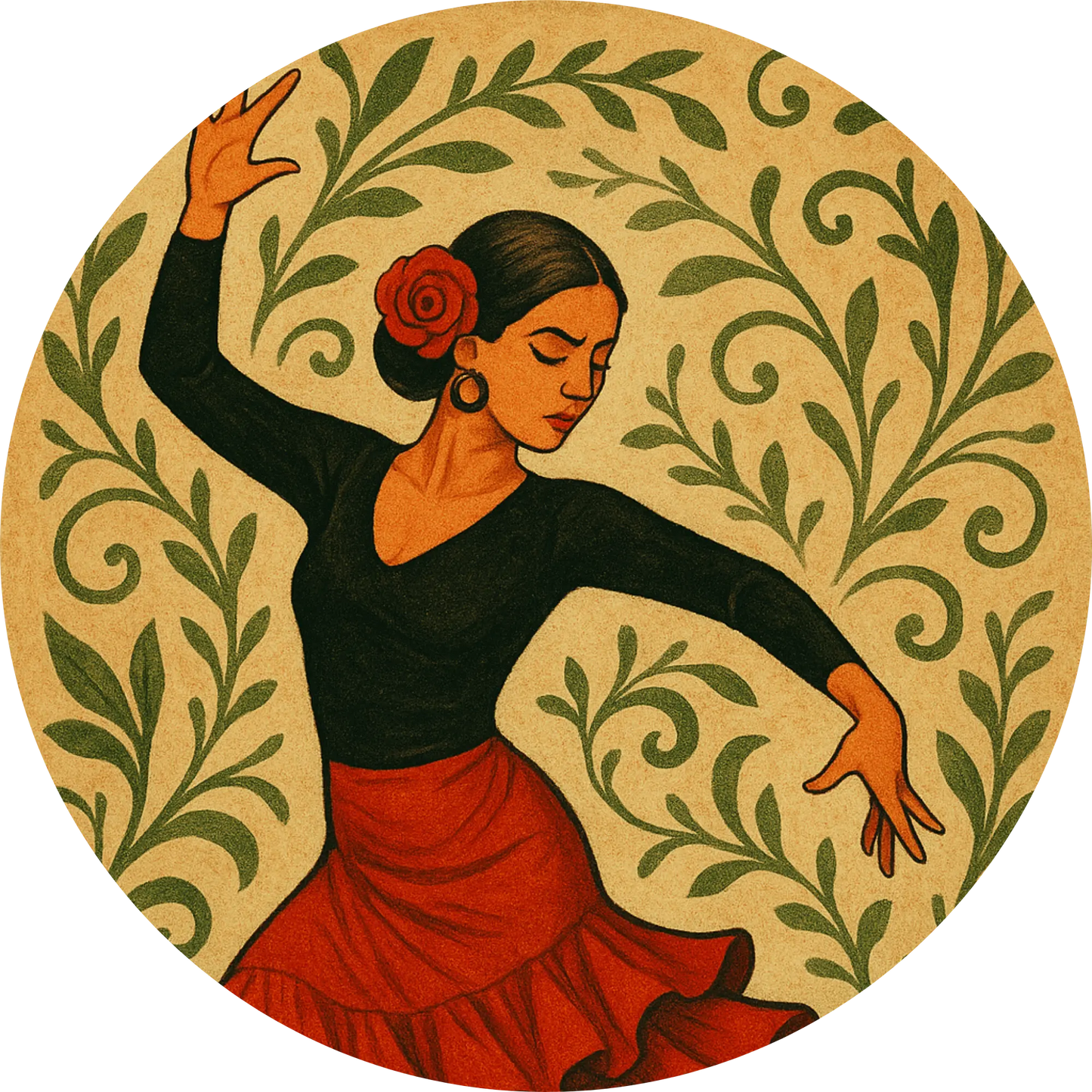 Tänzerin in rotem Flamenco-Kleid vor ornamentaler Kulisse – kunstvoll und folkloristisch interpretiert