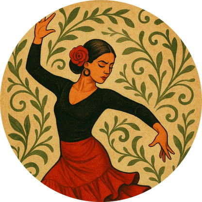 Tänzerin in rotem Flamenco-Kleid vor ornamentaler Kulisse – kunstvoll und folkloristisch interpretiert