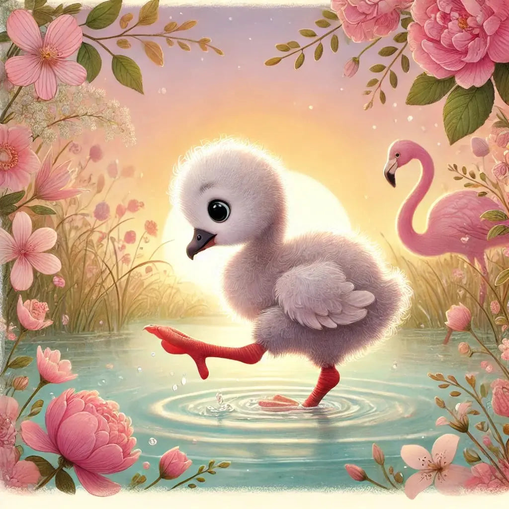 Küken mit Flamingos am Seeufer – verspieltes, frühlingshaftes Motiv