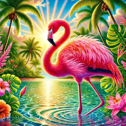 Flamingo vor tropischem Wasserfall – leuchtende Farben & Palmen im Hintergrund