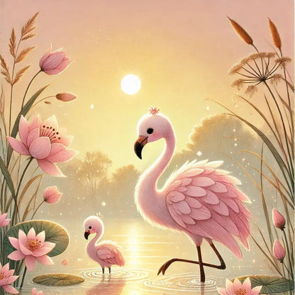 Flamingos bei Sonnenaufgang an einem See, pastellfarben