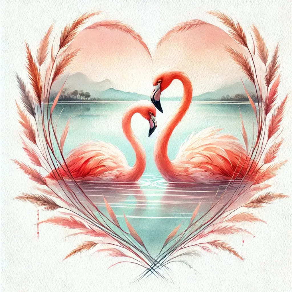 Zwei Flamingos formen ein Herz mit ihren Hälsen, rosa Federn leuchten
