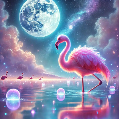 Flamingo bei Nacht auf Wasserterrasse unter Vollmond – magisch & surreal