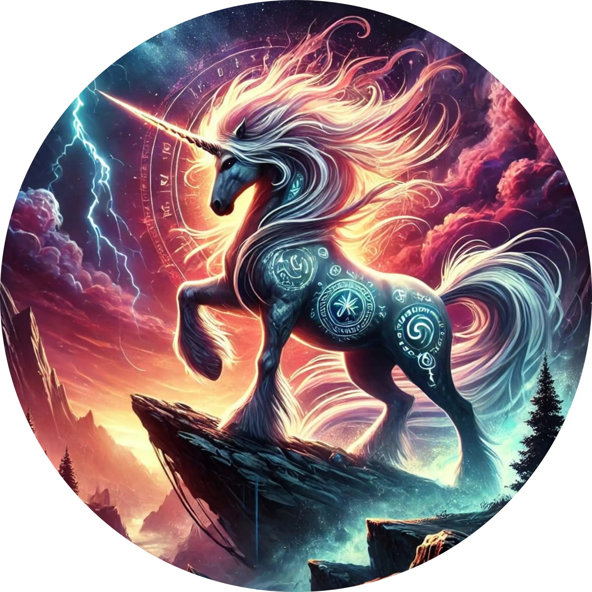 Dunkles Flammen-Einhorn in dramatischer Szene
