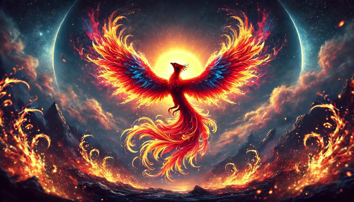 Feuerphönix mit Flammenschweif – Kräftig leuchtender Phoenix erhebt sich zwischen lodernden Flammen mit ausgebreiteten Flügeln.