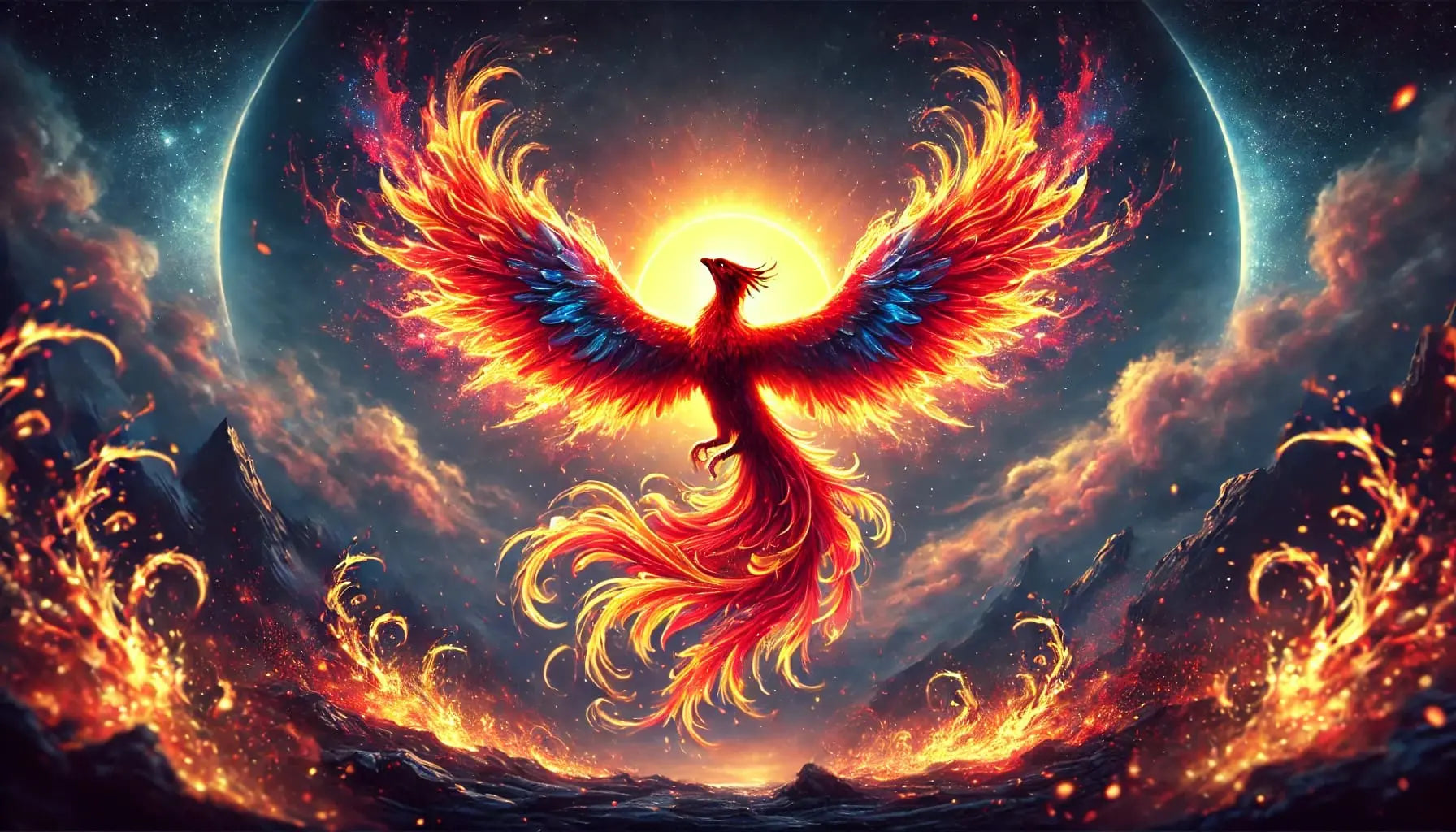 Feuerphönix mit Flammenschweif – Kräftig leuchtender Phoenix erhebt sich zwischen lodernden Flammen mit ausgebreiteten Flügeln.