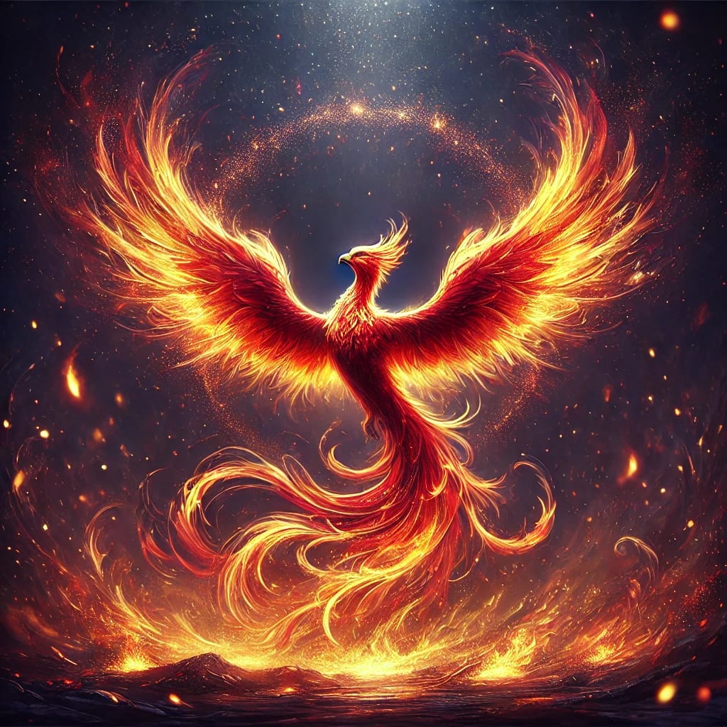 Glühender Phönix mit ausgebreiteten Flammenflügeln auf dunklem Hintergrund.