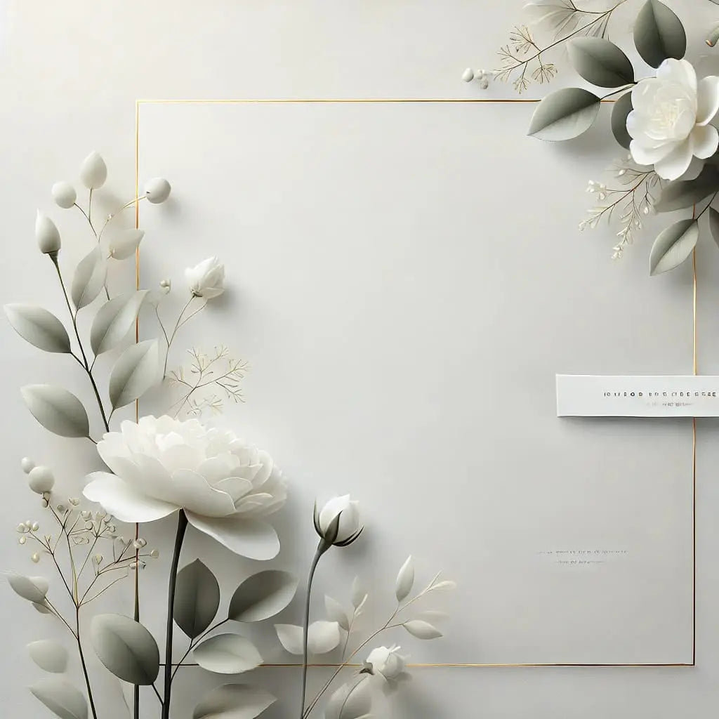 Eleganter, minimalistischer floraler Rahmen mit weißen Blüten und zarten Zweigen – ideal für Hochzeitseinladungen oder romantische Botschaften.