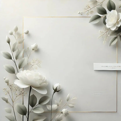 Eleganter, minimalistischer floraler Rahmen mit weißen Blüten und zarten Zweigen – ideal für Hochzeitseinladungen oder romantische Botschaften.