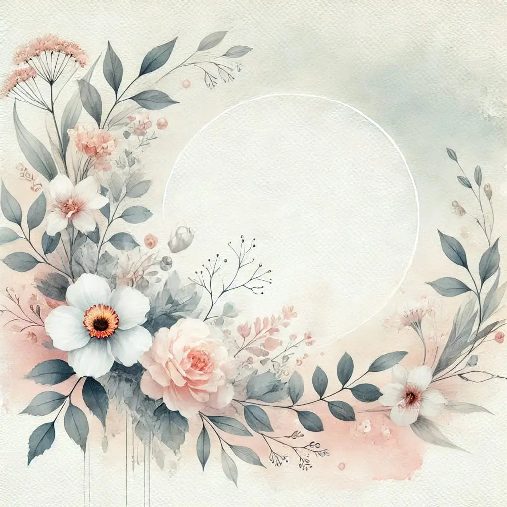 Florales Aquarell-Design mit freier Fläche für Text – zarte Blüten, Blätter und Zweige umrahmen eine freie runde Mitte.