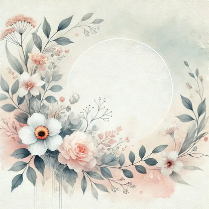 Florales Aquarell-Design mit freier Fläche für Text – zarte Blüten, Blätter und Zweige umrahmen eine freie runde Mitte.