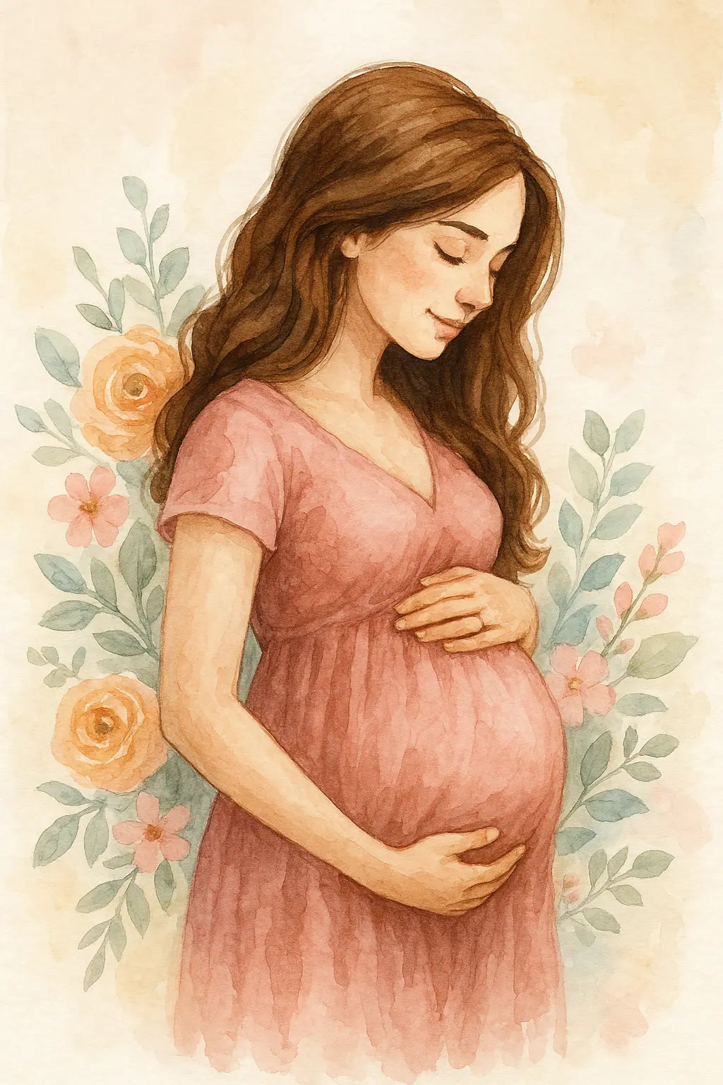 Aquarellbild einer schwangeren Frau vor floraler Kulisse – liebevoll und zart illustriert mit Blumenakzenten.