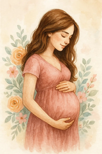 Aquarellbild einer schwangeren Frau vor floraler Kulisse – liebevoll und zart illustriert mit Blumenakzenten.
