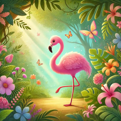 Einzelner Flamingo auf grüner Wiese mit leuchtendem Himmel