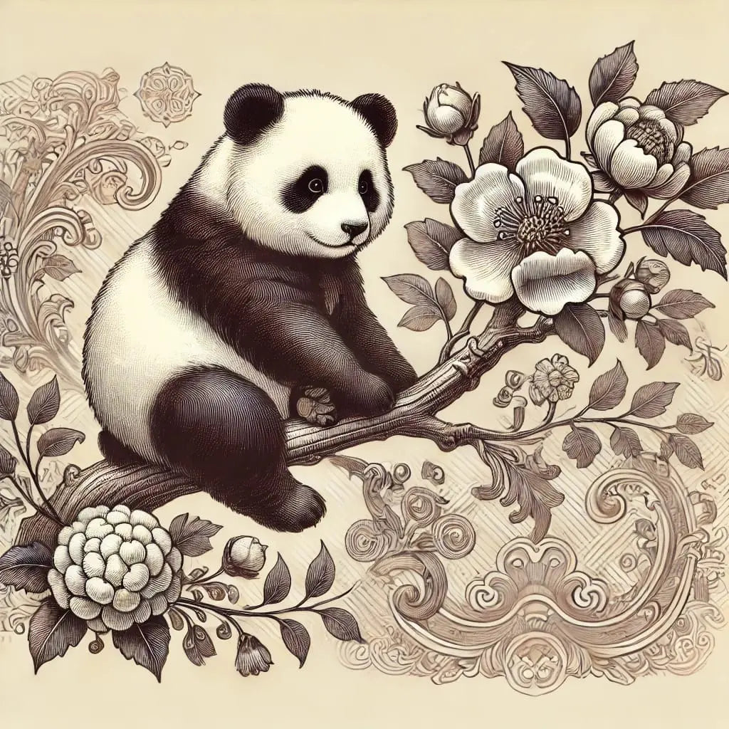 Panda im Bambuswald in Schwarz-Weiß mit feinem Musterstil