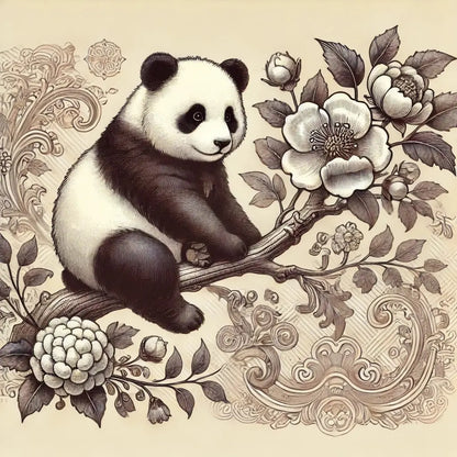 Panda im Bambuswald in Schwarz-Weiß mit feinem Musterstil