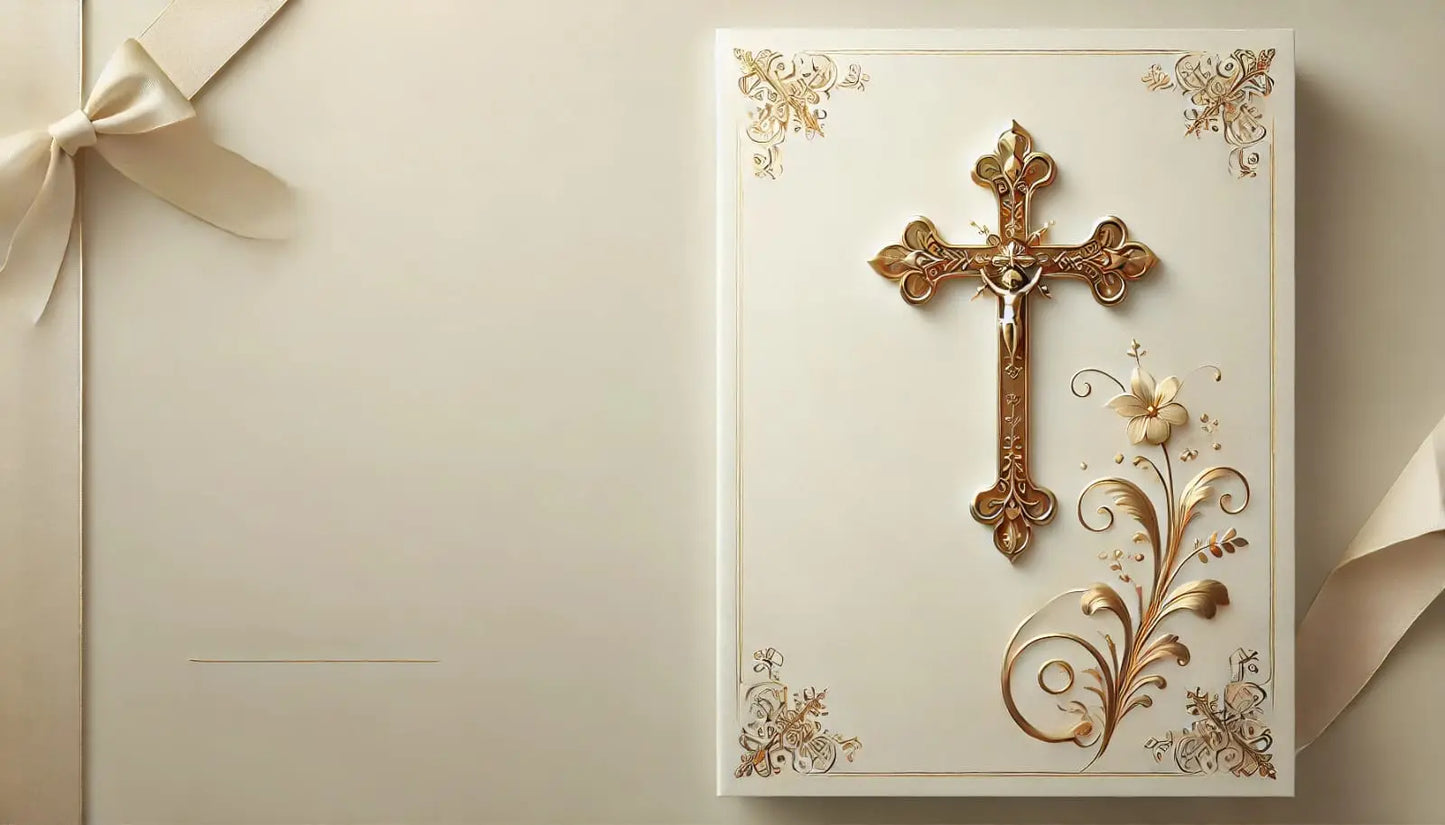 Goldenes Kreuz mit floraler Verzierung auf beigem Grund – schlichtes christliches Design