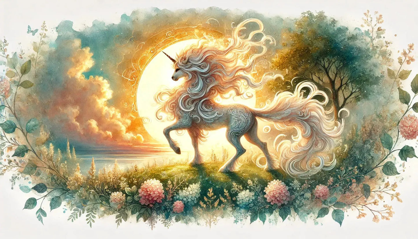 Weißes Einhorn, künstlerisch umgesetzt mit buntem Blumenkranz in der Mähne