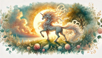 Weißes Einhorn, künstlerisch umgesetzt mit buntem Blumenkranz in der Mähne